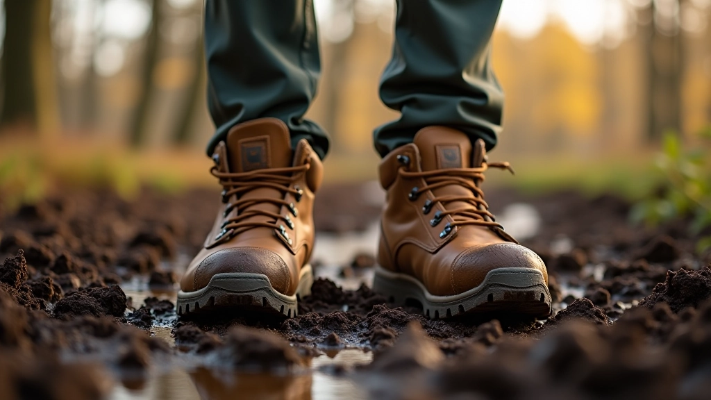 Kindlad hiking jalatsid puidu ja muda peal, kõrge rind, veekindel materjal