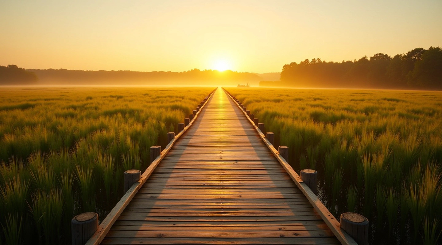 Peat bog boardwalk kaunis vaade, päikesepaiste laudteel, roheline raba maastik